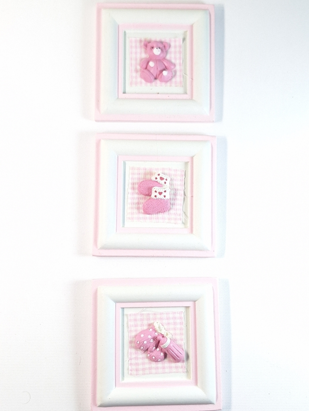 Vintage Baby Girl Nursery Wall Decor Set Plaster Mini Frames Pink Gingham